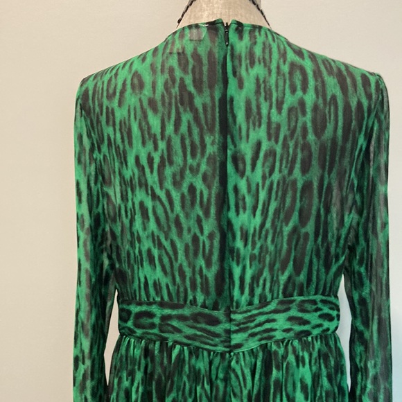 Michael Kors Green Black Animal Print Long Sleeve V Neck Midi Dress 16 - Picture 8 of 11